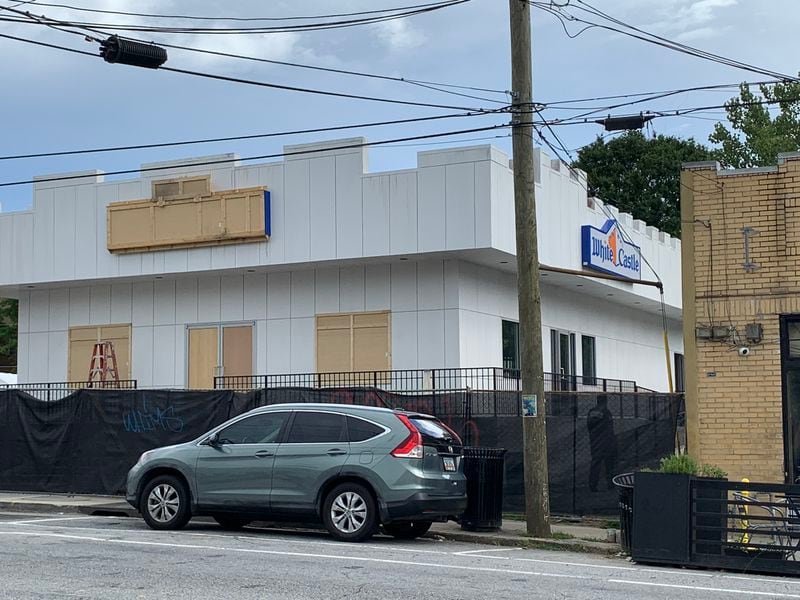 The fake White Castle facade on Edgewood Ave. for a Disney+ series "Lionheart" on August 10, 2022. RODNEY HO/rho@ajc.com