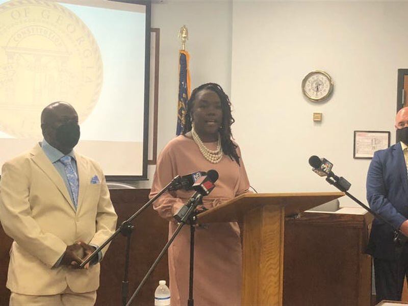 Chatham County DA Shalena Cook Jones addresses procedures in investigations during a press conference. (Raisa Habersham/Savannah Morning News)