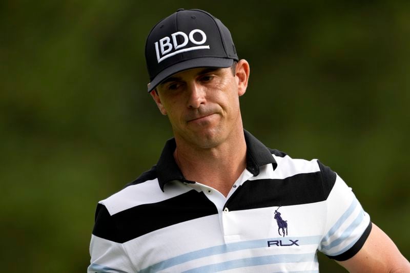 Billy Horschel reacts to his shot on the first green during the first round of the BMW Championship golf event at Castle Pines Golf Club, Thursday, Aug. 22, 2024, in Castle Rock, Colo. (AP Photo/Matt York)