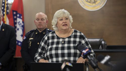 Colleen Nick speaks during a press conference at the headquarters of the Alma Police Department on Tuesday, Oct. 1, 2024, in Alma, Ark., about the 1995 kidnapping of her daughter Morgan Nick. (Colin Murphey/Arkansas Democrat-Gazette via AP)