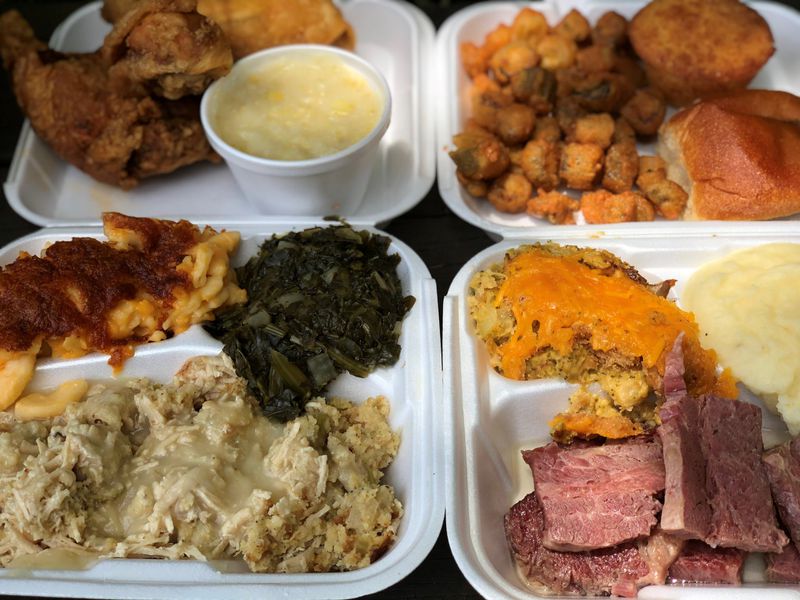 This Sunday spread from Matthews Cafeteria in Tucker includes fried chicken, turkey and dressing, corned beef, sides and bread. CONTRIBUTED BY WENDELL BROCK