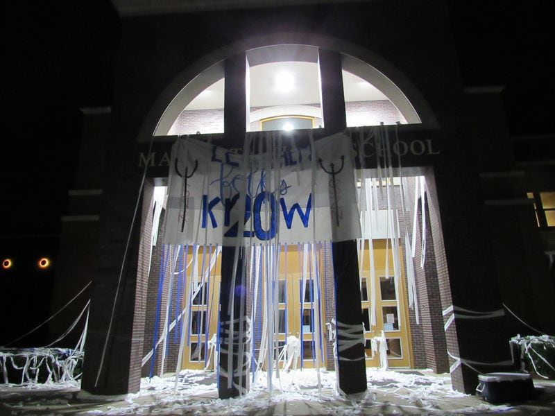 The front door of Marietta High School is covered in its traditional back-to-school finery. Photo: Jennifer Brett