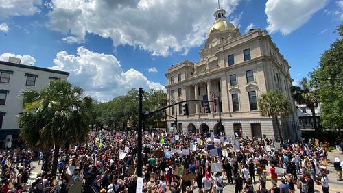 Hundreds made their way Sunday afternoon through downtown Savannah to honor George Floyd.