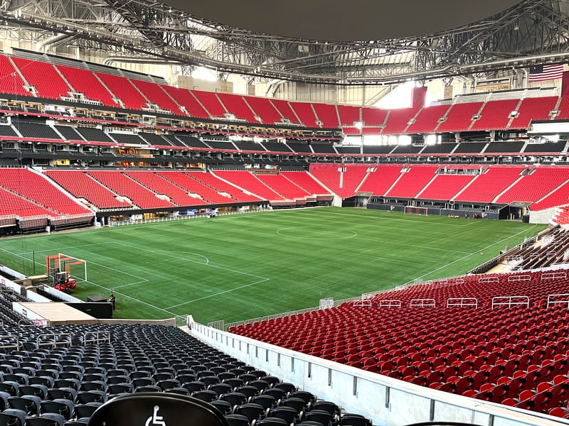 New artificial turf was installed at Mercedes-Benz Stadium in February. The turf is replaced about every two years. (AMBSE photo)