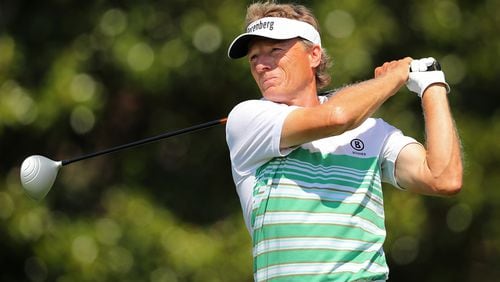 Bernhard Langer tees off on the par-5 tenth hole with a driver during the pro-am for the Mitsubishi Electric Classic at TPC Sugarloaf on Thursday in Duluth. Curtis Compton/ccompton@ajc.com