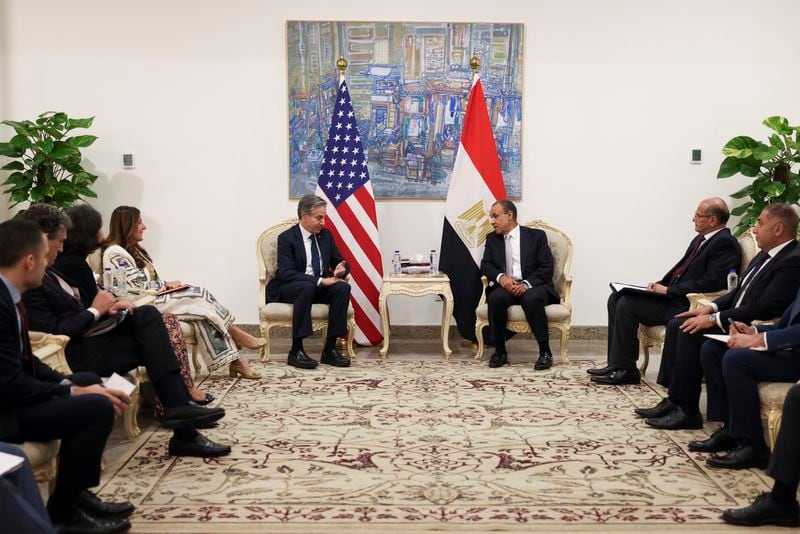 U.S. Secretary of State Antony Blinken, left, meets with Egypt's Foreign Minister Badr Abdelatty in El-Alamein, Egypt, Tuesday, Aug. 20, 2024. (Kevin Mohatt/Pool Photo via AP)