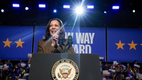 Democratic presidential nominee Vice President Kamala Harris speaks at a rally on Sunday, Sept. 29, 2024, in Las Vegas. (AP Photo/Carolyn Kaster)