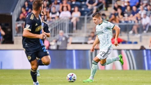 Atlanta United forward Ronaldo Cisneros #29 dribbles the ball during the first half of the match against Philadelphia Union at Subaru Park in Philadelphia, United States on Wednesday August 31, 2022. (Photo by Dakota Williams/Atlanta United)