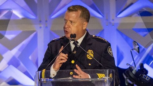 Atlanta Police Chief Darin Schierbaum delivers his remarks during the annual “Crime is Toast” breakfast at the Georgia World Congress Center on Tuesday, Sept. 24, 2024. The event celebrates the exceptional service of the Atlanta Police Department (APD)
(Miguel Martinez / AJC)