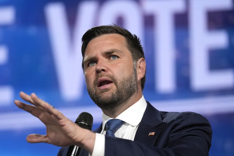 Republican vice presidential nominee Sen. JD Vance, R-Ohio, speaks at a campaign event Wednesday, Sept. 4, 2024, in Mesa, Ariz. (AP Photo/Ross D. Franklin)