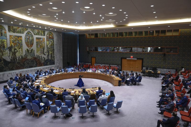 FILE - People speak during a Security Council meeting about the war in Gaza at United Nations headquarters, May 29, 2024. (AP Photo/Seth Wenig, file)