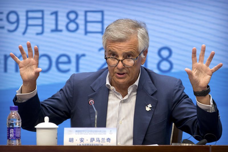 FILE - International Olympic Committee (IOC) Vice President Juan Antonio Samaranch Jr. speaks during a press conference at the headquarters of the 2022 Beijing Winter Olympics Organizing Committee in Beijing, Tuesday, Sept. 18, 2018. (AP Photo/Mark Schiefelbein, File)