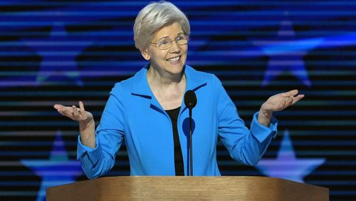 Sen. Elizabeth Warren, D-Mass., speaks during the Democratic National Convention Thursday, Aug. 22, 2024, in Chicago. (AP Photo/J. Scott Applewhite)