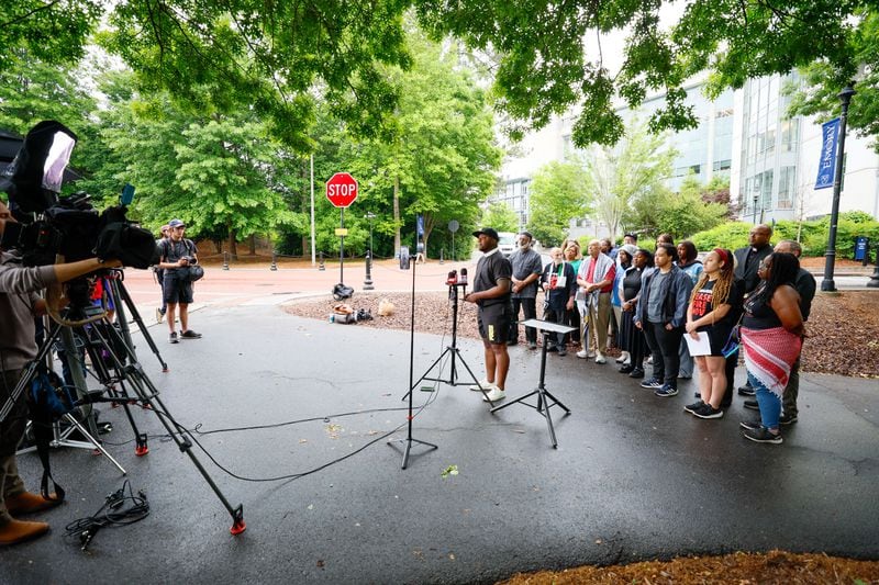 A large group of faith leaders organized by the Atlanta Multifaith Coalition for Palestine speak to the media late last month at Emory University. During the news conference, they demanded that Morehouse College withdraw its invitation to President Joe Biden to speak at the school's commencement ceremony on May 19 unless he called for an immediate and permanent cease-fire in Gaza.
(Miguel Martinez / AJC)