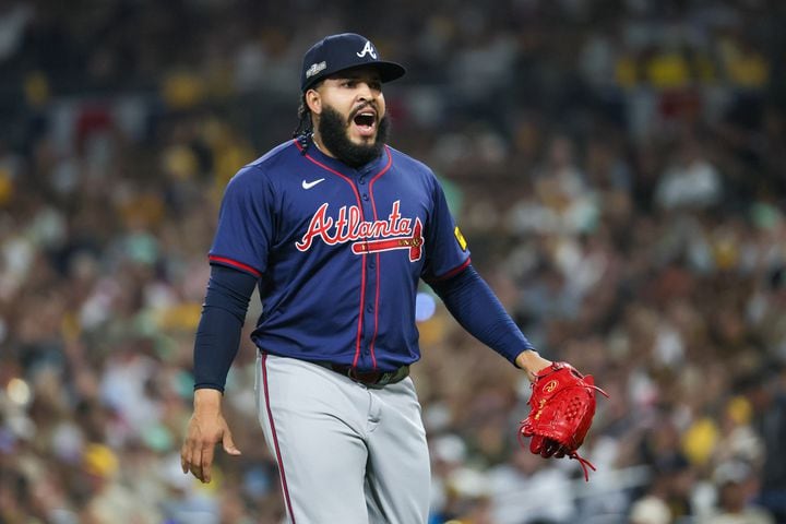 Atlanta Braves pitcher Daysbel Hernández reacts after facing the San Diego Padres during the fifth inning of National League Division Series Wild Card Game Two at Petco Park in San Diego on Wednesday, Oct. 2, 2024.   (Jason Getz / Jason.Getz@ajc.com)