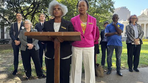 Gail LeBoeuf and Barbara Washington, co-founders of the environmental justice organization Inclusive Louisiana and plaintiffs in a case alleging environmental racism in St. James Parish, Louisiana, speak at a press conference after a hearing for their case at the Fifth Circuit Court of Appeals in New Orleans on Monday, Oct. 7, 2024. (AP/Jack Brook)