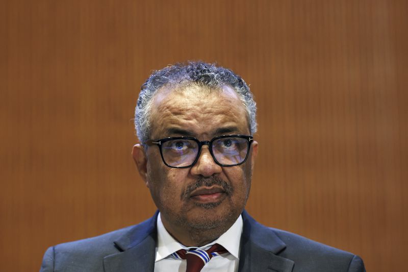 Tedros Adhanom Ghebreyesus, Director General of the World Health Organization (WHO), observes the assembly, during the opening of the 77th World Health Assembly (WHA77) at the European headquarters of the United Nations in Geneva, Switzerland, Monday, May 27, 2024. (Salvatore Di Nolfi/Keystone via AP)