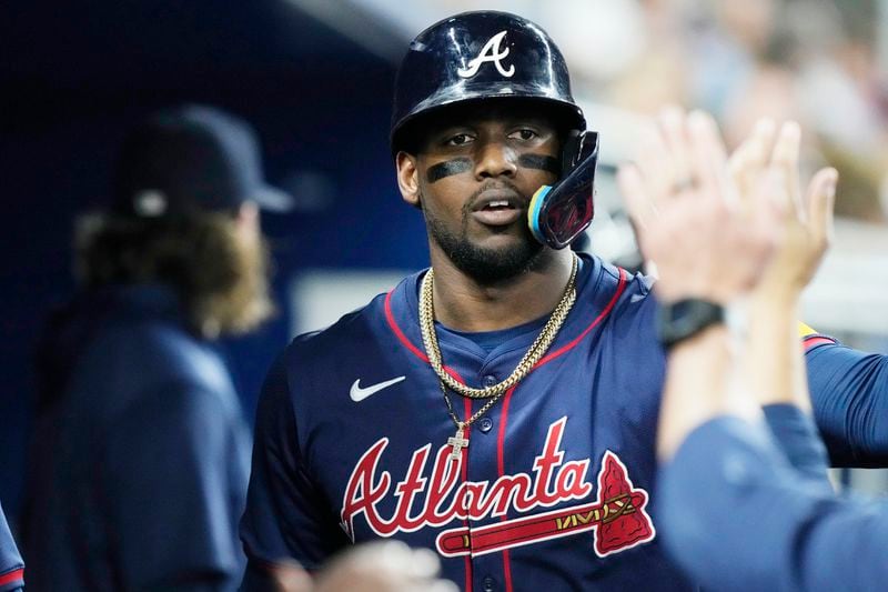 Atlanta Braves' Jorge Soler celebrates after hitting a home run during the second inning of a baseball game against the Miami Marlins, Saturday, Sept. 21, 2024, in Miami. (AP Photo/Marta Lavandier)