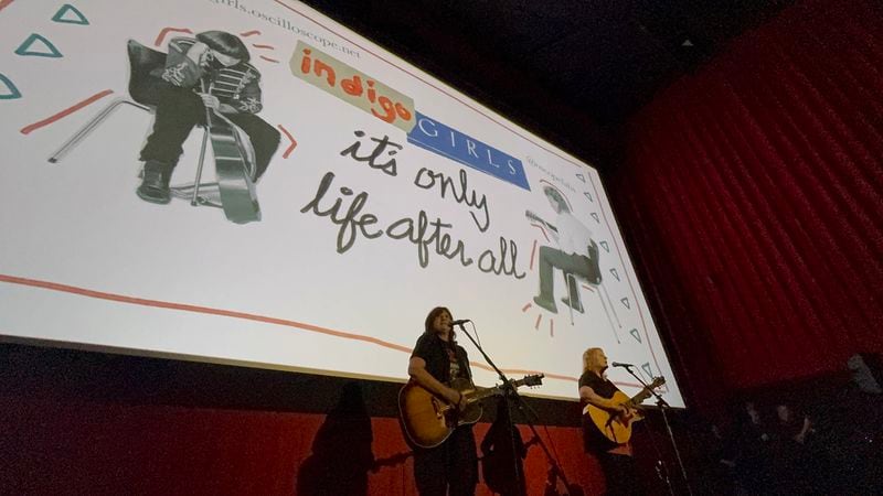 The Indigo Girls perform at a screen of a documentary about them "It's Only Life After All" at Tara Theatre Atlanta on March 29, 2024. CONTRIBUTED