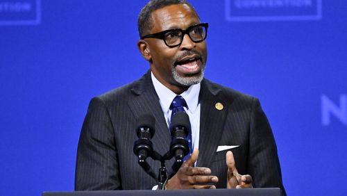 FILE - NAACP President and CEO Derrick Johnson speaks before President Joe Biden addresses the crowd at the 115th NAACP National Convention in Las Vegas, July 16, 2024. (AP Photo/David Becker, File)