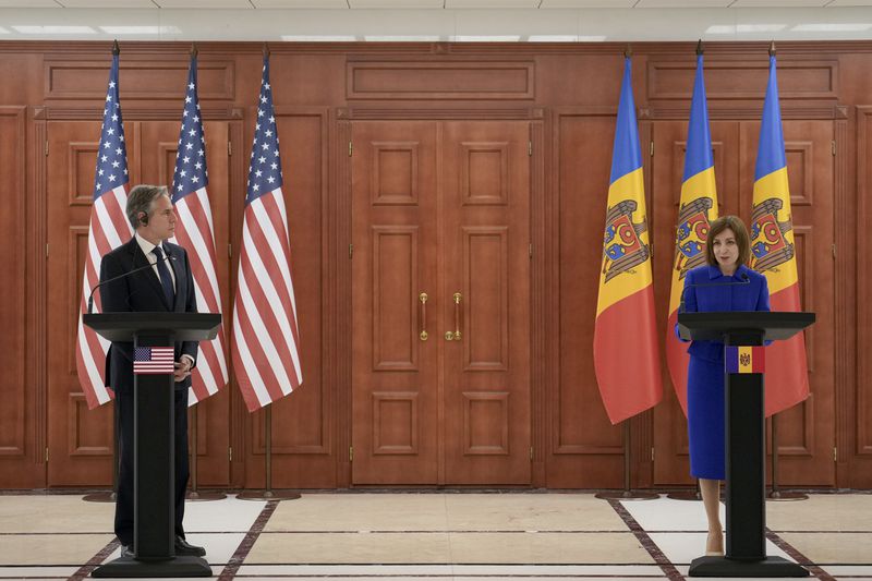United States Secretary of State Antony Blinken, left, listens to Moldova's President Maia Sandu, right, during a joint press conference at the Moldovan Presidency in Chisinau, Moldova, Wednesday, May 29, 2024. (AP Photo/Vadim Ghirda, Pool)