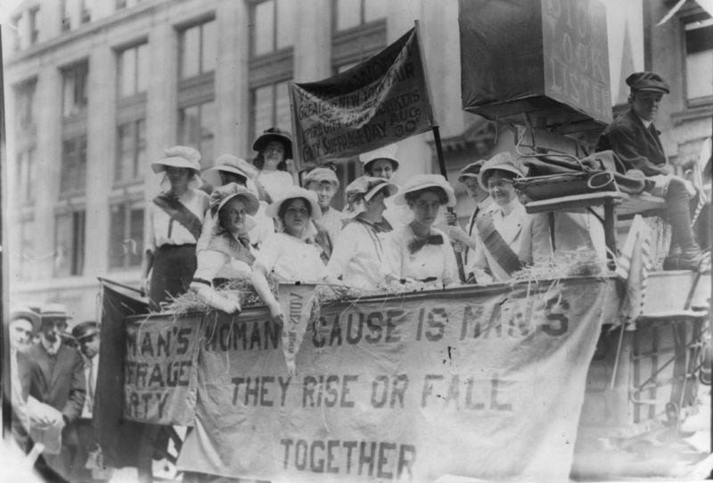 Suffragettes ride a float at the New York Fair in Yonkers on Aug. 10, 1913. (Library of Congress)