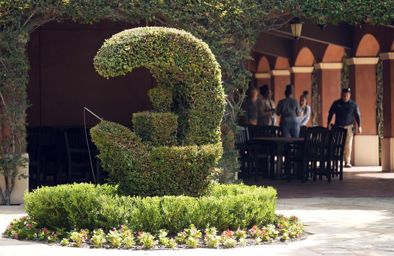 A topiary in the shape of the DreamWorks logo appears on the DreamWorks Animation campus, Wednesday, Sept. 25, 2024, in Glendale, Calif. (AP Photo/Chris Pizzello)