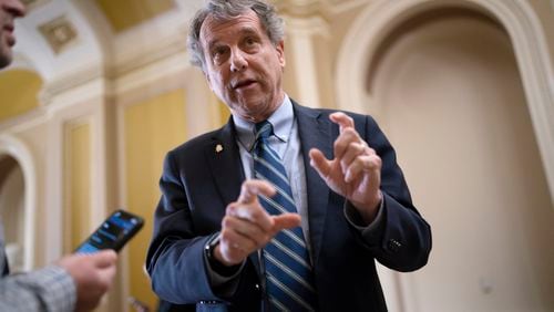 FILE - Senate Banking Committee Chairman Sherrod Brown, D-Ohio, speaks with reporters at the Capitol in Washington, March 15, 2023. (AP Photo/J. Scott Applewhite, File)