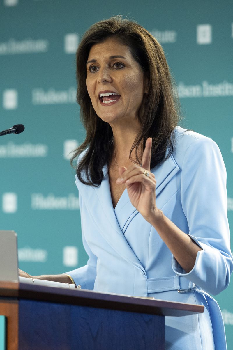 Former U.N. Ambassador Nikki Haley speaks at the Hudson Institute in Washington, Wednesday, May 22, 2024. Haley says she will be voting for Donald Trump in the general election, encouraging the presumptive GOP nominee to work hard to win support from those who backed her in the primary. (AP Photo/Cliff Owen)