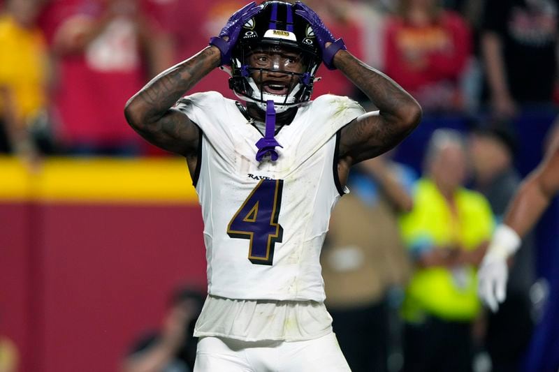 Baltimore Ravens wide receiver Zay Flowers reacts after missing a pass in the end zone late in the second half of an NFL football game against the Kansas City Chiefs Thursday, Sept. 5, 2024, in Kansas City, Mo. (AP Photo/Charlie Riedel)