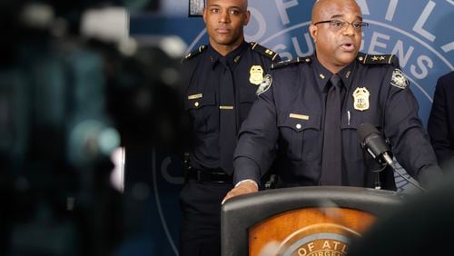 (Left to right) Atlanta Police Capt. Ralph Woolfolk and Deputy Chief Charles Hampton hold a press conference to discuss the city’s plans to handle gang and gun violence this summer on Thursday June 22, 2023. (Natrice Miller/natrice.miller@ajc.com)
