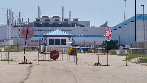 FILE - An entrance to the Stellantis factory in Belvidere. Ill., is shown on July 10, 2023. (AP Photo/Charles Rex Arbogast, File)