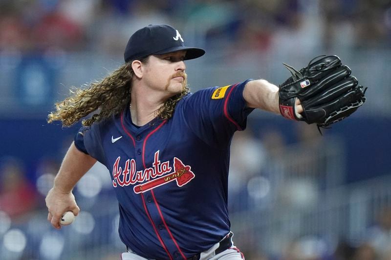 Atlanta Braves' Grant Holmes delivers a pitch during the first inning of a baseball game against the Miami Marlins, Sunday, Sept. 22, 2024, in Miami. (AP Photo/Wilfredo Lee)