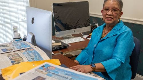 Shirley James poses at her desk at the Savannah Tribune newspaper office on Wednesday, May 29, 2024 in Savannah, GA. (AJC Photo/Katelyn Myrick)