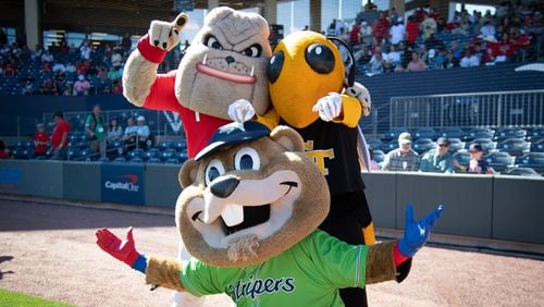 Hairy Dawg, Buzz, and Chopper come together at Coolray Field for the 20th Spring Classic game, UGA vs Georgia Tech, March 5, 2023. Jamie Spaar for the Atlanta Journal-Constitution