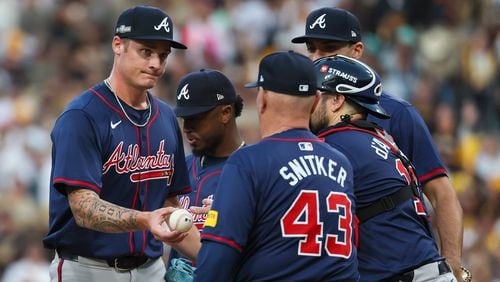 Atlanta Braves pitcher AJ Smith-Shawver is relieved during the second inning of National League Division Series Wild Card Game One against the San Diego Padres at Petco Park in San Diego on Tuesday, Oct. 1, 2024.   (Jason Getz / Jason.Getz@ajc.com)