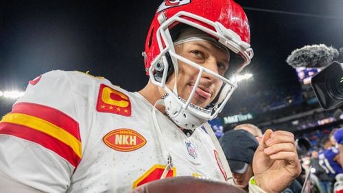 Kansas City Chiefs quarterback Patrick Mahomes (15) sticks his tongue out while walking on the field after defeating the Baltimore Ravens 17-10 in the AFC Championship Game at M&T Bank Stadium on Sunday, Jan. 28, 2024, in Baltimore. (Emily Curiel/The Kansas City Star/TNS)