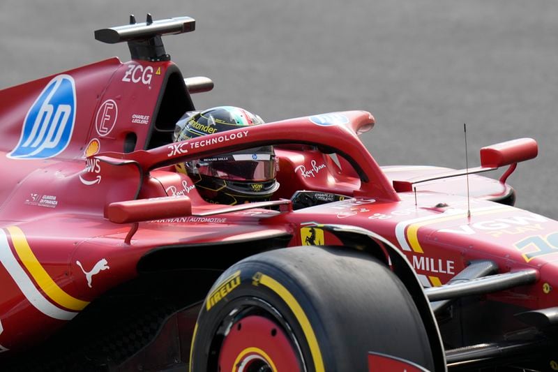 Ferrari driver Charles Leclerc of Monaco steers his car during the Formula One Italian Grand Prix race at the Monza racetrack, in Monza, Italy, Sunday, Sept. 1, 2024. (AP Photo/Luca Bruno)