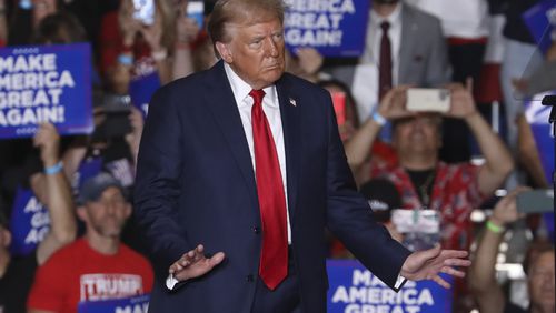 Republican presidential nominee former President Donald Trump dances at a campaign rally at Bayfront Convention Center in Erie, Pa., Sunday, Sept. 29, 2024. (AP Photo/Rebecca Droke)