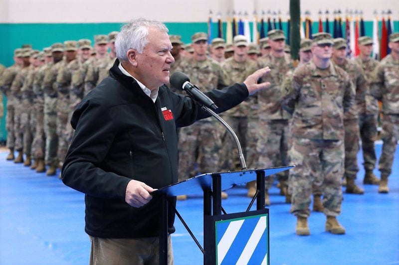 Gov. Nathan Deal addresses the 48th Brigade at its departure ceremony at Fort Stewart. Curtis Compton/ccompton@ajc.com