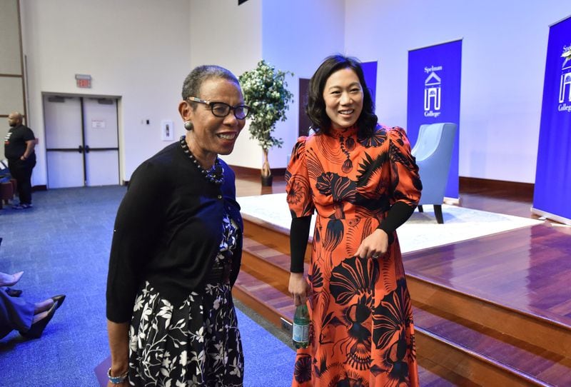 Priscilla Chan, wife of Facebook founder and CEO Mark Zuckerberg, and Mary Schmidt Campbell (left), president of Spelman College, share a laugh at Spelman College’s Cosby Auditorium on Wednesday, Sept. 26, 2018. HYOSUB SHIN / HSHIN@AJC.COM