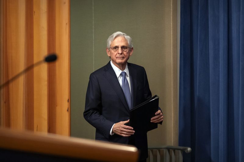 Attorney General Merrick Garland arrives to speak at a news conference at the Department of Justice, Tuesday, Sept. 24, 2024, in Washington. (AP Photo/Mark Schiefelbein)