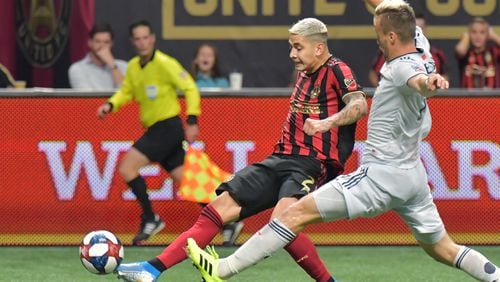 October 19, 2019 Atlanta - Atlanta United defender Franco Escobar (2) scores the game winning goal in the second half during the first round of the MLS playoffs at Mercedes-Benz Stadium on Saturday, October 19, 2019. Atlanta United won 1-0 over the New England Revolution. (Hyosub Shin / Hyosub.Shin@ajc.com)