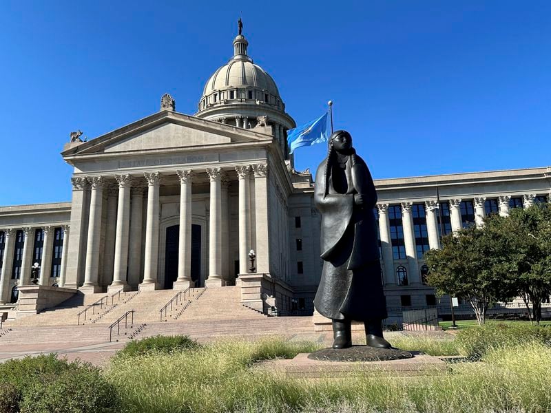 The Oklahoma State Election Board Office inside the state Capitol in Oklahoma City, was one of at least five states in the U.S. which o election officials received suspicious packages on Monday, Sept. 16, 2024. (AP Photo/Sean Murphy)