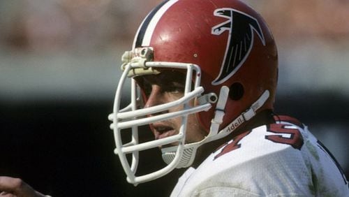 Falcons defensive end Jeff Merrow (75) during a 27-21 loss to the Los Angeles Rams on October 16, 1983, at Anaheim Stadium in Anaheim, California. Atlanta Falcons vs Los Angeles Rams - October 16, 1983 (AP Photo/NFL Photos)