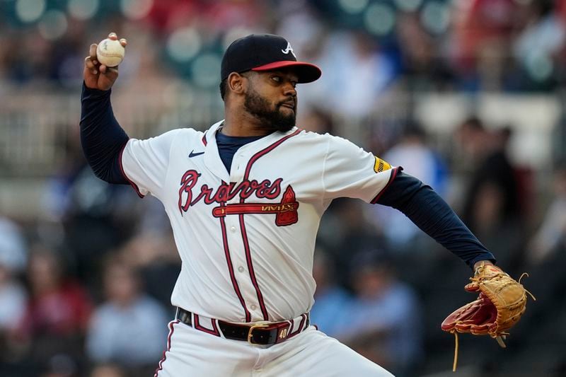 Atlanta Braves pitcher Reynaldo López (40) works in the first inning of a baseball game against the Philadelphia Phillies, Tuesday, Aug. 20, 2024, in Atlanta. (AP Photo/Mike Stewart)