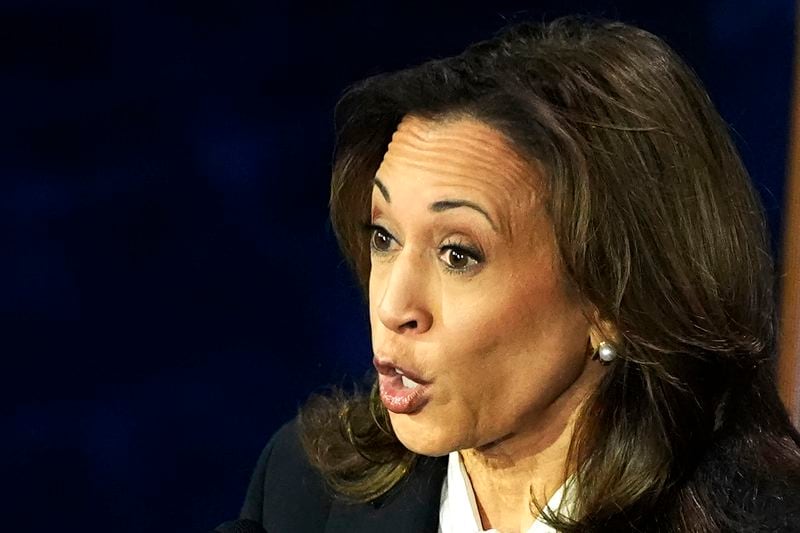 Democratic presidential nominee Vice President Kamala Harris speaks during a presidential debate with Republican presidential nominee former President Donald Trump at the National Constitution Center in Philadelphia, Tuesday, Sept. 10, 2024. (AP Photo/Alex Brandon)