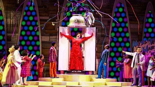 Andrew Levitt as Edna Turnblad makes a grand entrance in the finale of “Hairspray,” part of the Broadway in Atlanta series at the Fox Theater. 
(Courtesy of Jeremy Daniel)