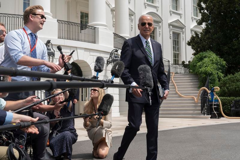 President Joe Biden speaks to reporters as he departs the White House for a trip to New Orleans, Tuesday, Aug. 13, 2024, in Washington. (AP Photo/Manuel Balce Ceneta)