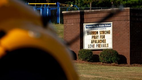 A school bus leaves Haymon-Morris Middle School in Barrow County, Ga., on Sept. 10. Most Barrow County schools returned to classes nearly a week after a shooting at Apalachee High School that left four people dead. (Ben Hendren for The Atlanta Journal-Constitution)